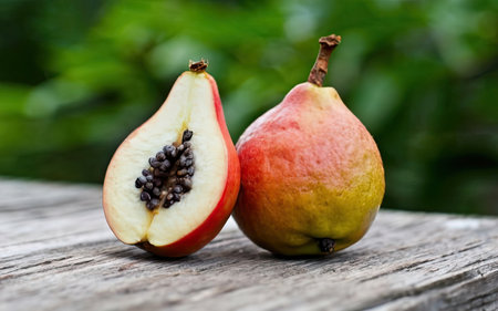 Pears on a wooden table with green foliage in the background.の素材