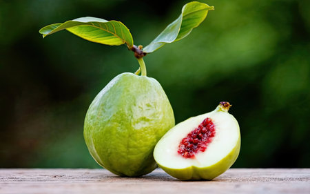 Fresh guava fruit on wooden table with green background, healthy foodの素材