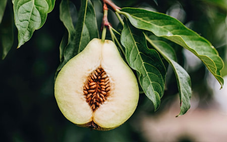 Close up of a quince fruit on a tree in the gardenの素材