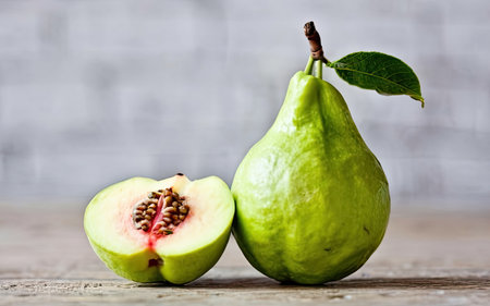 Fresh green guava fruit on a wooden table with copy space.の素材