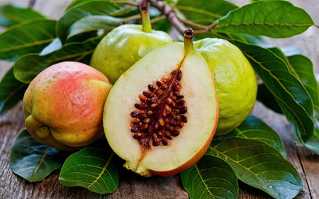 Fresh guava fruit with leaves on rustic wooden background, selective focusの素材