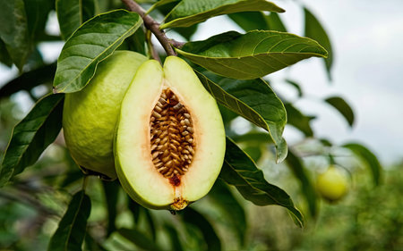 Guava fruit on the tree in the orchard, Thailand.の素材
