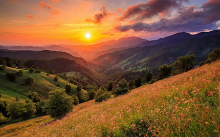 Colorful summer sunset in the Carpathian mountains. Ukraine, Europeの素材