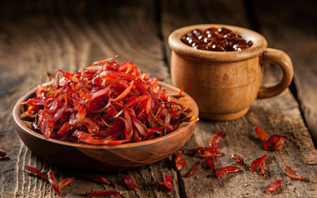 Saffron petals in a bowl on wooden background, selective focus.の素材