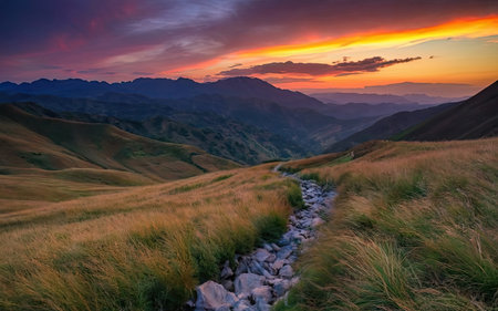 Mountain landscape at sunset. Peaks of the Caucasus, Russia.の素材