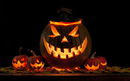 Halloween pumpkin head jack lantern on wooden table and black background.の素材