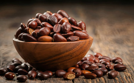 Coffee beans in a wooden bowl on a wooden table.の素材
