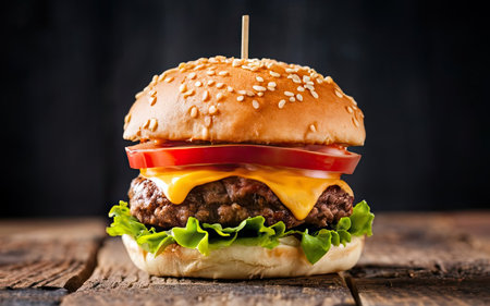 Cheese burger - American cheese burger with fresh salad on wooden backgroundの素材