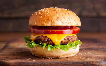 Delicious hamburger with beef, tomato and cheese on wooden backgroundの素材