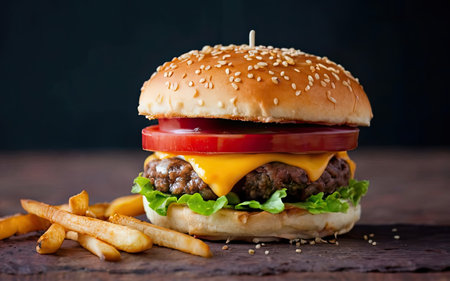 Cheese burger - American cheese burger with Golden French fries on wooden backgroundの素材