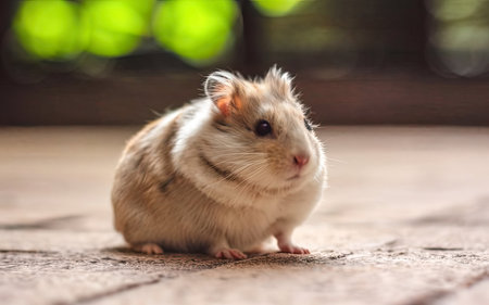 Hamster sitting on the floor and looking at the camera with a blurred backgroundの素材