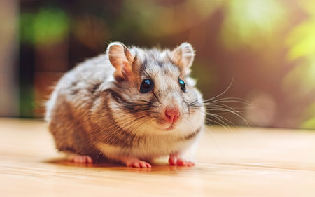 Hamster on wooden table with bokeh background, close upの素材