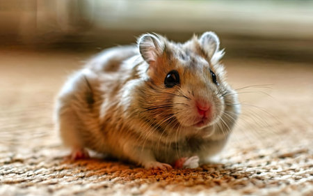 Hamster sits on the carpet. Close-up of hamsterの素材