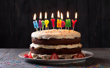 Birthday cake with candles on dark wooden background. Selective focusの素材