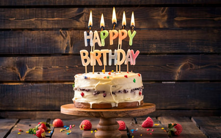 Birthday cake with candles on rustic wooden background, close upの素材