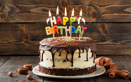 Birthday cake with candles on wooden background. Selective focus.の素材