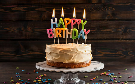 Birthday cake with burning candles on wooden background, close-upの素材