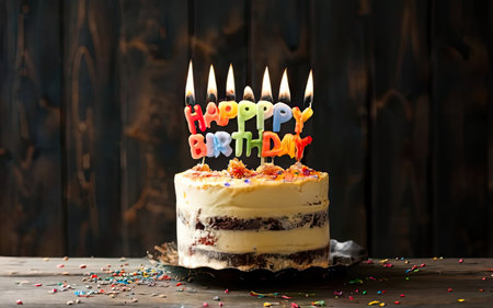 Birthday cake with candles on dark wooden background, close-upの素材