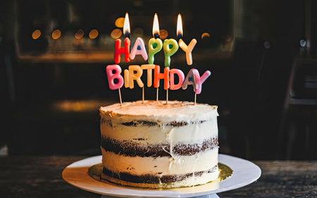 Birthday cake with candles on table in cafe. Birthday party conceptの素材