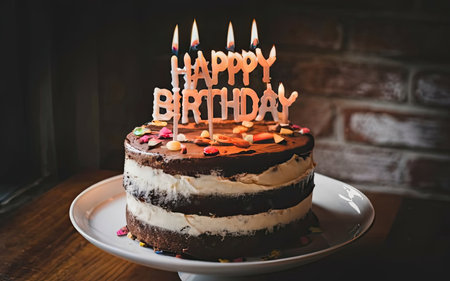 birthday cake with candles on brick wall background, vintage tonedの素材