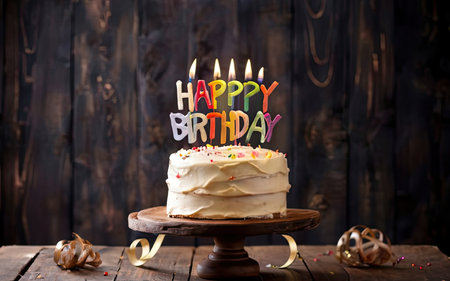 Birthday cake with candles on dark wooden background, close-upの素材
