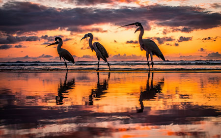 Pelicans at sunset on the beach in Bali, Indonesiaの素材