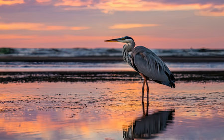 Great Blue Heron (Ardea herodias) at sunset in the waterの素材