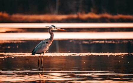 Great blue heron (Ardea herodias) at sunsetの素材