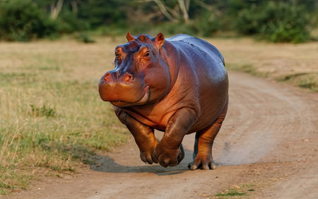 Hippopotamus running in the savanna of Kenya, Africaの素材