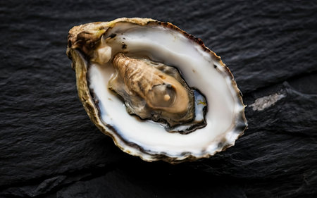 Fresh oyster on black stone background. Top view. Close up.の素材