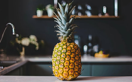 Pineapple on the table in the kitchen. Healthy eating concept.の素材
