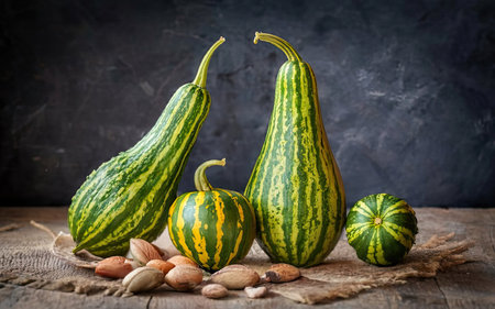 Pumpkins and nuts on wooden table. Dark background. Autumn harvest.の素材