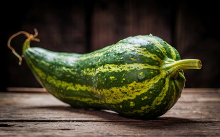 Green pumpkin on wooden table. Vintage style. Selective focus.の素材