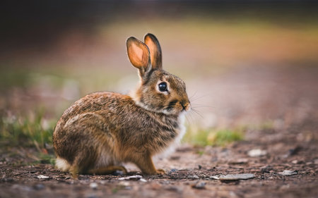 Rabbit on the road in the forest. Cottontailの素材