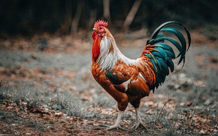 Colorful rooster standing on the ground. Rooster looking at camera.の素材