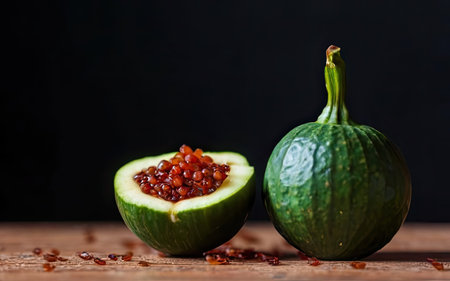 Fresh figs with red caviar on wooden table, black backgroundの素材