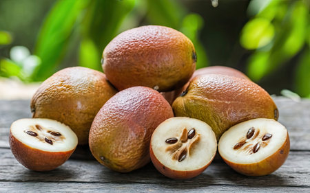 Close up of fresh tamarind fruit on wooden table with green backgroundの素材