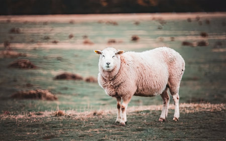 Sheep in the field. Vintage retro style toned picture.の素材