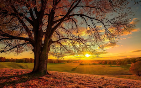 Beautiful sunset over the meadow and oak tree with sun raysの素材