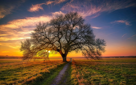 Beautiful sunset over a meadow with a tree in the foregroundの素材