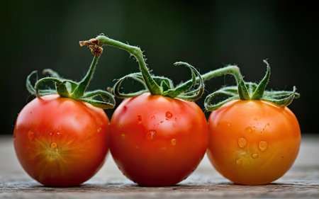 Ripe tomatoes with water drops on wooden table. Selective focus.の素材