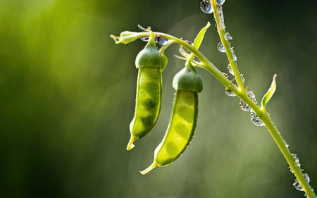 Green peas growing on a branch with drops of water in the morning.の素材