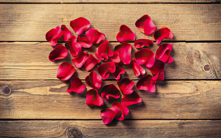 Red rose petals on wooden background. Valentines day background.の素材