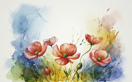 watercolor painting of poppies on watercolor background, hand drawn illustrationの素材