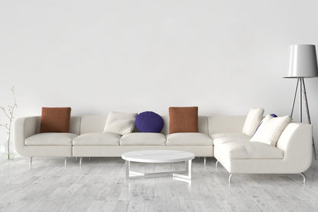 Parquet on the floor, sofa, interior lamp and blank picture frame on the wall. 3D illustration