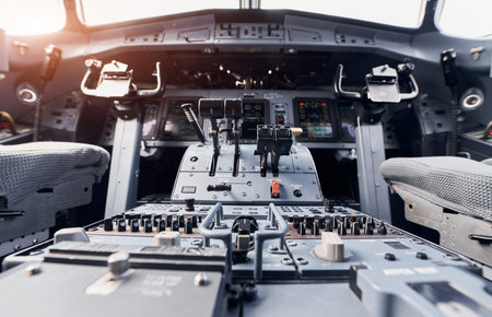 Display with information. Close up focused view of airplane cockpit.
