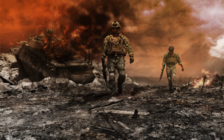 Members of a military unit with weapons in action