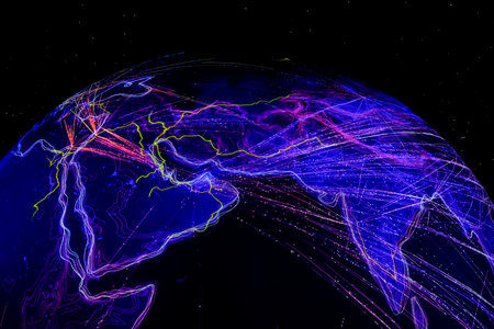 Global network connection on planet Earth at night. 3D illustration.