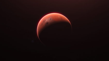 Red planet at night with the sun in the background, 3d render