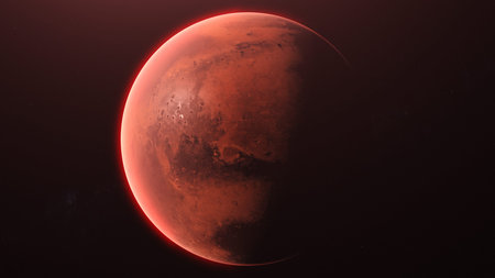 Red planet in the dark with red glow. View from space.